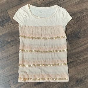 LOFT lace sequin layered top cream ivory medium